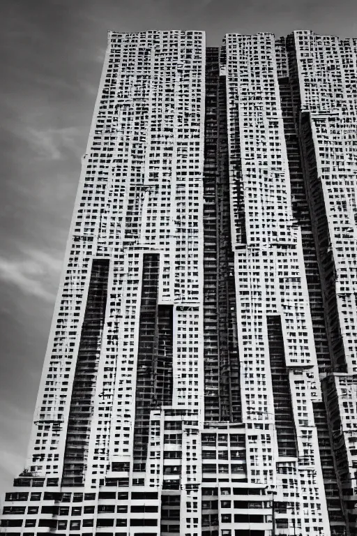 Prompt: a brutalist tower block, black and white photo, 8 k, high quality