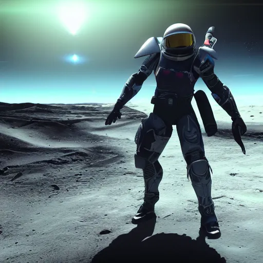 Image similar to photorealistic destiny 2 warlock posing on the moon