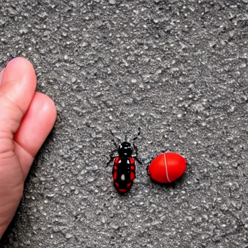 Prompt: fist picture of a human scale lady bug next to a person for scale, full frame picture, documentary