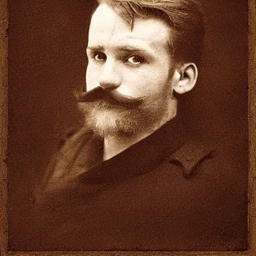 Prompt: ! dream late 1 9 th century, austro - hunarian!!! man ( handsome, 2 7 years old, redhead michał zebrowski with mustache ). old, sepia tones, realistic, 1 9 th century portait by emil rabending