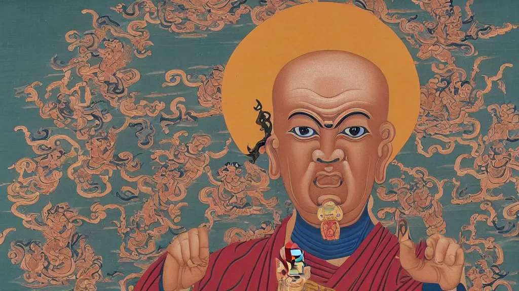 Prompt: a fierce buddhist deity with the face of demented and crazy michel foucault philosopher, in the style of tibetan thanka painting