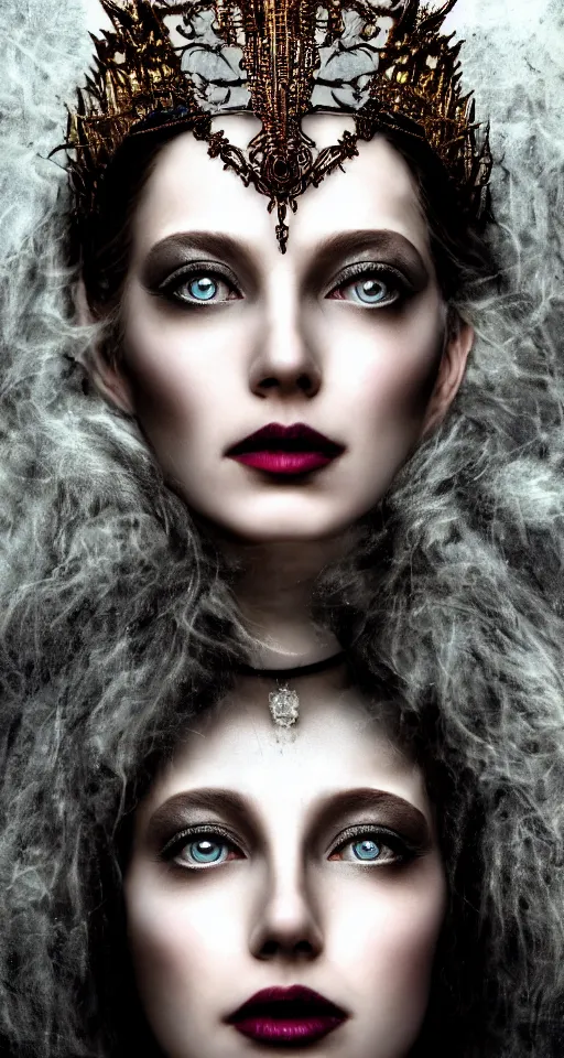 Image similar to a single faced portrait of the enchantress queen with a stunning timeless beauty, breathtaking eyes, perfect skin, feathered eyelashes, royal gothic dress with a lot of leather, heavy silent hill aesthetic, incredibly intricate, digital art, blender, houdini & photoshop, very elegant & complex, hyper-maximalist, overdetailed, epic cinematic quality, biblical art lighting, photorealistic, lifelike, OLED, DSLR HDR 8k, face is the focus, facial feature symmetry, hyper composed, created by Nixeu & z--ed from deviantart