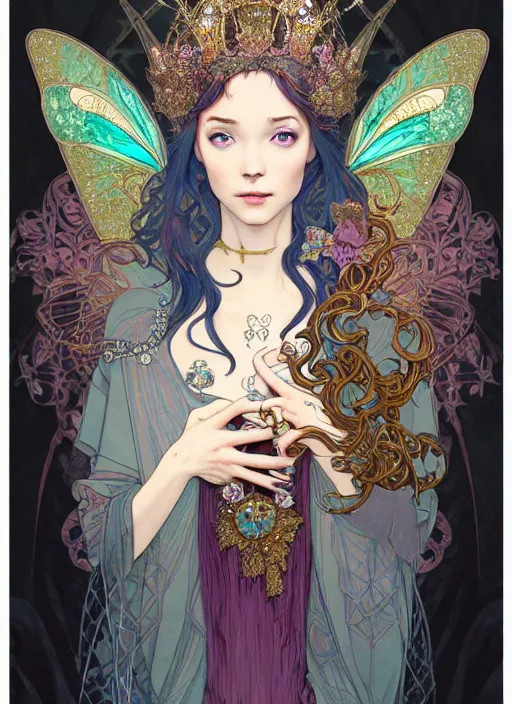 Image similar to portrait of jeanpierrepernauttv, cloak, royally decorated crystal gemstones, symmetrical face, art nouveau, portrait, cute, fairy, by mai yoneyama, kelly mckernan, greg rutkowski, alphonse mucha, detailed background, artstation, intricate, elegant, highly detailed, colorful, maximalist