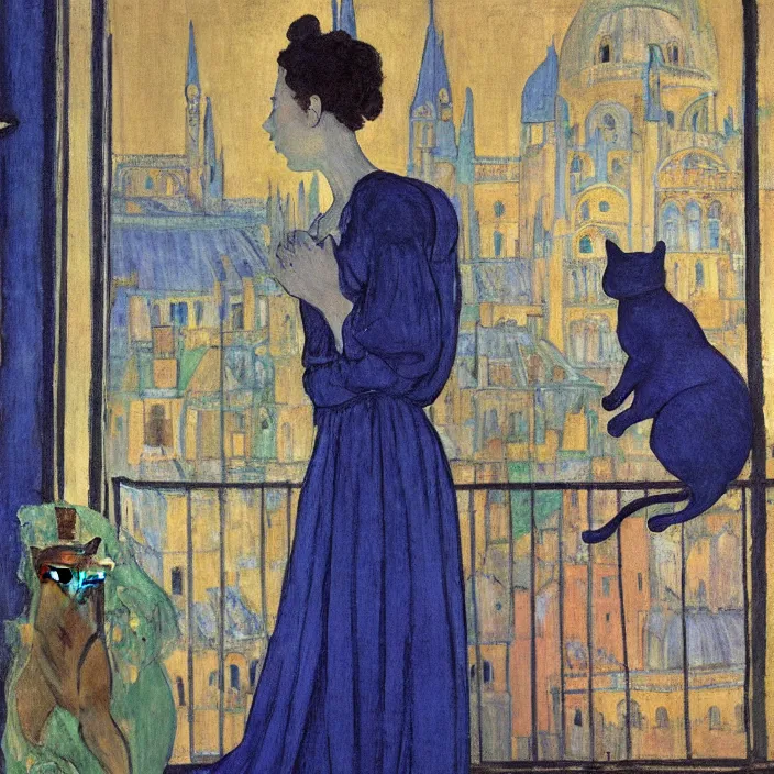 Image similar to portrait of woman in night gown with cat with city with gothic cathedral seen from a window frame with curtains. lapis - lazuli, malacchite, turquoise, indigo. piero della francesca, bonnard, henri de toulouse - lautrec, utamaro, matisse, monet, audubon