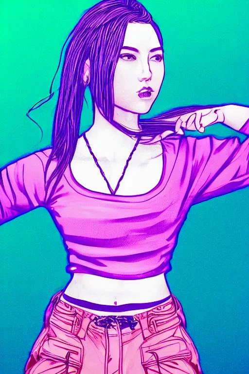 Image similar to a award winning half body portrait of a beautiful woman with stunning eyes in a croptop and cargo pants with ombre purple pink teal hairstyle and hands in pockets by thomas danthony, surrounded by whirling illuminated lines, outrun, vaporware, shaded flat illustration, digital art, trending on artstation, highly detailed, fine detail, intricate