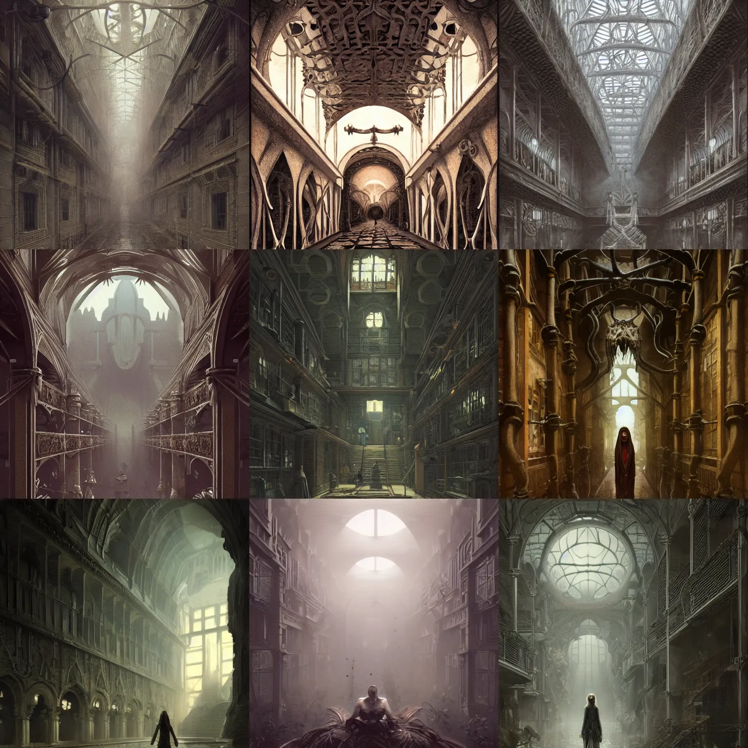 Prompt: Hight halls of ciliano arkham horror, intricate, highly detailed, artstation, concept art, smooth, sharp focus, illustration, art by greg rutkowski and bouguereau and Zdzislaw Beksinski, good clear quality, lighting, biology, symmetrical artwork, perfect, 135 mm, cinematic, hyper realism, high detail, octane render, 8k, chrome accents