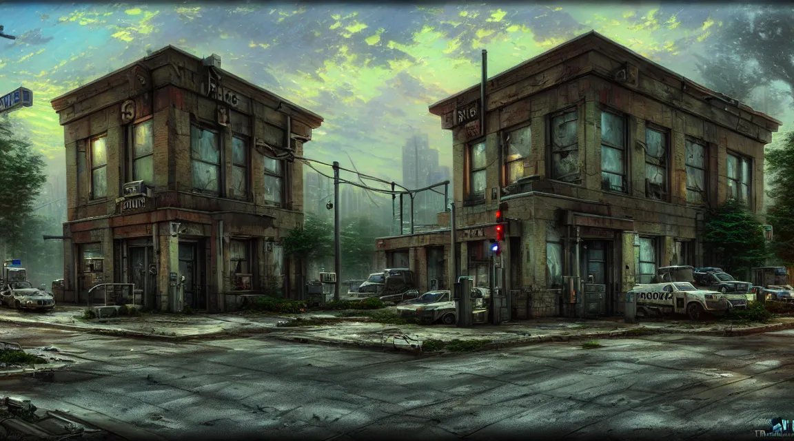 Prompt: Post Apocalyptic police station, building, avenue, urban architecture, americana architecture, concrete architecture, paved roads, by Thomas Kinkade trending on artstation, Photorealistic, wild vegetation