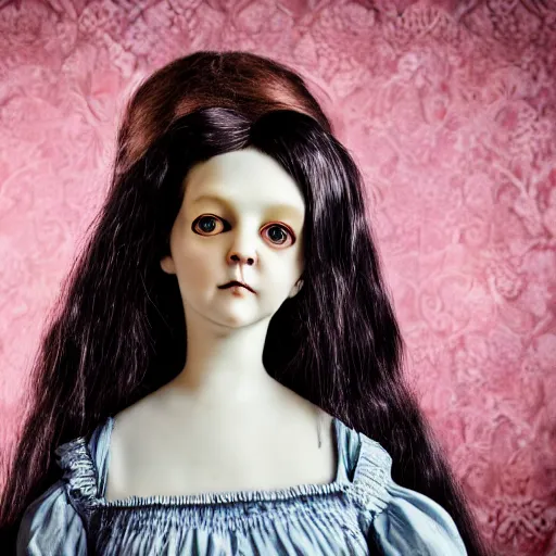 Image similar to head and shoulders portrait of a victorian gothic doll-like girl making an ASMR video on YouTube, color Graflex photograph by Mark Ryden