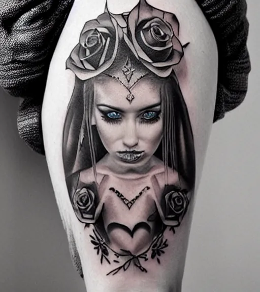 Image similar to tattoo design on white background of a beautiful girl warrior, roses, hyper realistic, realism tattoo, by eliot kohek, beautiful eyes, realistic face, black and white