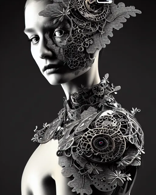 Image similar to monochrome profile portrait painting, silver lace floral steampunk biomechanical beautiful young female cyborg with techno eye, volumetric light, leaves foliage and stems, hibiscus flowers, sinuous fine roots, fine foliage lace, alexander mcqueen, rim light, big gothic fashion pearl embroidered collar, octane render, dutch masters, 8 k