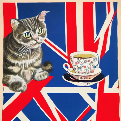 Image similar to british cat sipping on tea, propaganda poster