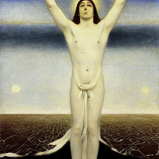 Prompt: The Second Coming! Hardly are those words out, when a vast image out of Spiritus Mundi troubles my sight, painted by Fernand Khnopff