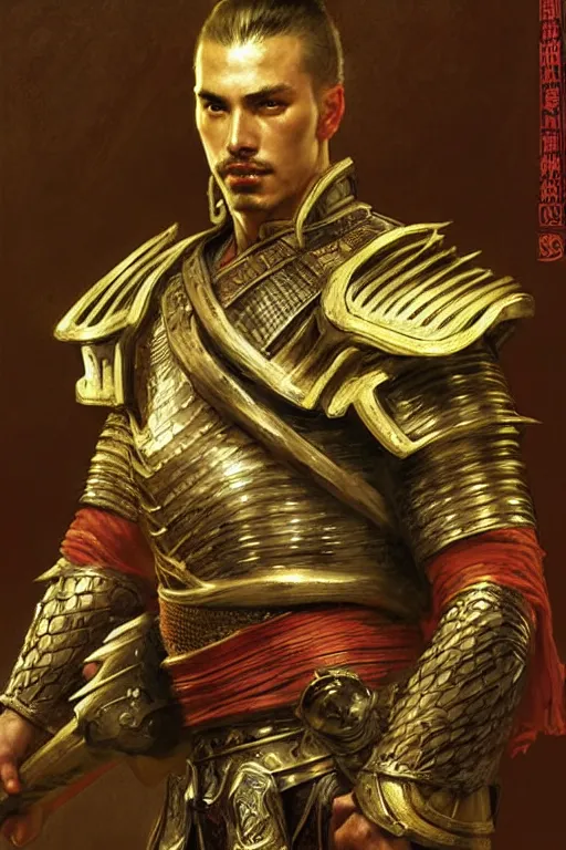 Image similar to attractive male with armor, ancient china, three kingdoms, character design, dynamic lighting, cool and bright tint, painting by gaston bussiere, craig mullins, j. c. leyendecker, tom of finland