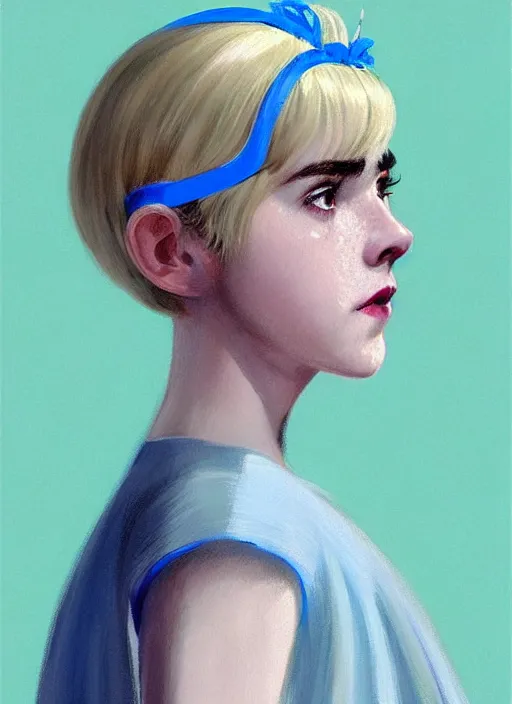 Image similar to portrait of kiernan shipka with freckles, white hair, 1 9 6 0 s bob hairstyle with bangs and hairband, blue 1 9 6 0 s dress, intricate, elegant, glowing lights, highly detailed, digital painting, artstation, concept art, smooth, sharp focus, illustration, art by wlop, mars ravelo and greg rutkowski