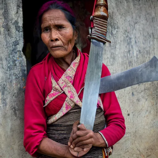 Prompt: a nepali woman carrying a sword, art