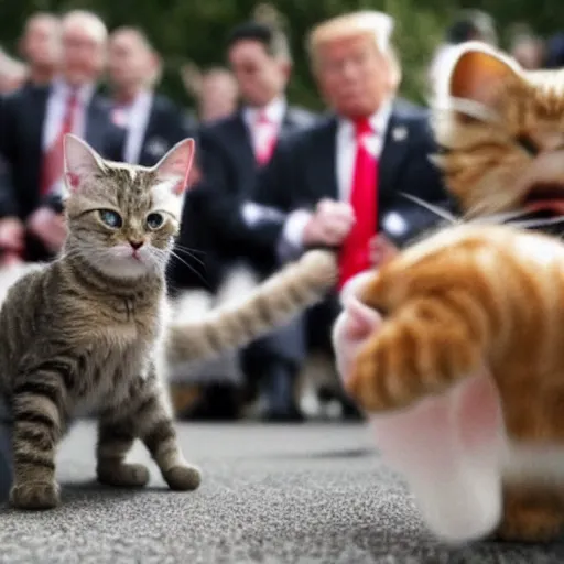 Image similar to thousands of little donald trumps run from cat