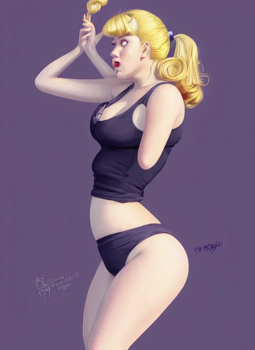 Image similar to full body teenage betty cooper, blonde hair, obese, bangs, ponytail, sultry, realistic, sultry smirk, ponytail, fluffy bangs, curly bangs, fat, belly, beautiful girl, intricate, elegant, highly detailed, digital painting, artstation, concept art, smooth, sharp focus, illustration, art by wlop, mars ravelo and greg rutkowski