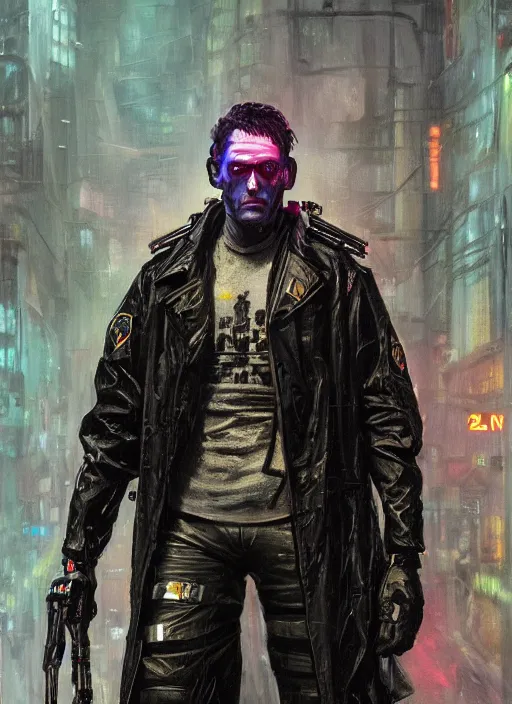 Image similar to frankenstein. cyberpunk cop in tactical gear. plastic raincoat. blade runner 2 0 4 9 concept painting. epic painting by james gurney, azamat khairov, and alphonso mucha. artstationhq. painting with vivid color. ( rb 6 s, cyberpunk 2 0 7 7 )