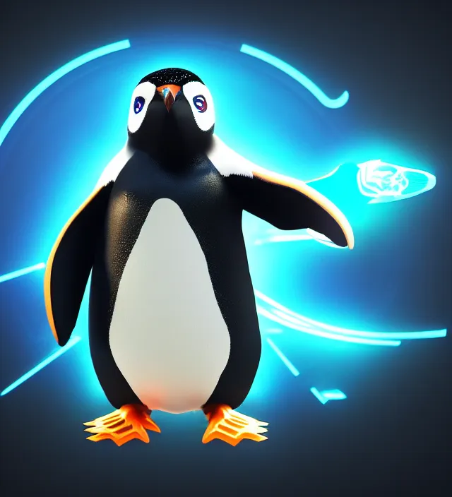 Image similar to studio beautiful cyberpunk esports penguin logo for a penguin!!!!!! studio level special effects and particles, intricate!!!!! professional, global illumination, cinematic, complex design!!!! octane render, trending on artstation, coherent, symmetrical, hyperdetailed, epic