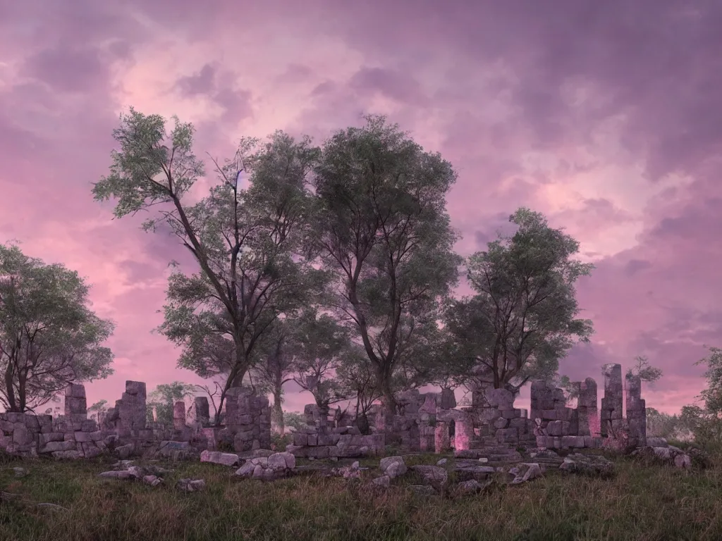 Image similar to ruins of megalithic structures in a woodland, evening mood, pink clouds in the evening sky, by clive madgwick, artstation, octane render