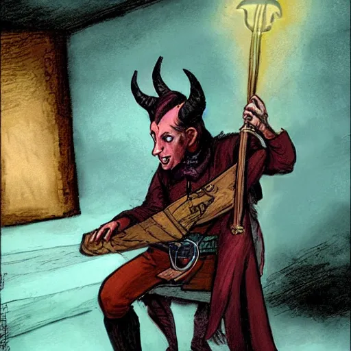 Image similar to D&D character portrait tiefling bard in a tavern playing a song but bad by josh kirby