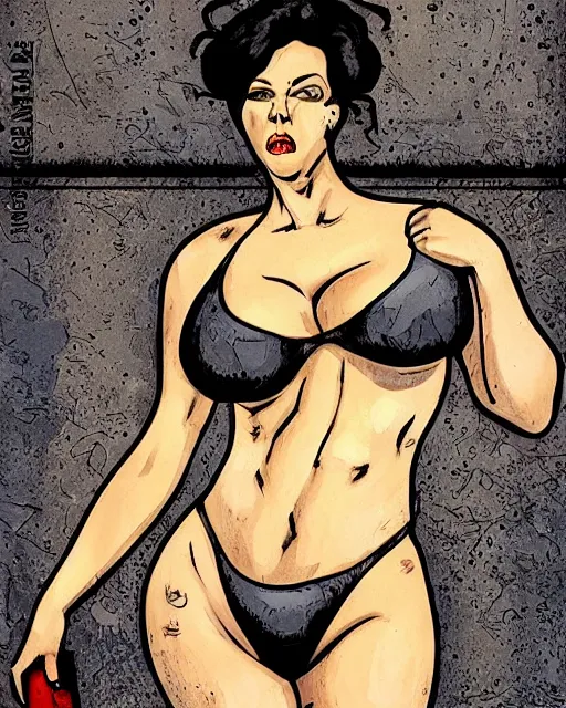 Image similar to upper body portrait of a > > > gorgeous < < < woman, bbw, muscular, wearing bikini. pop art, art nouveau, black oil bath. in the style of gta, enki bilal.