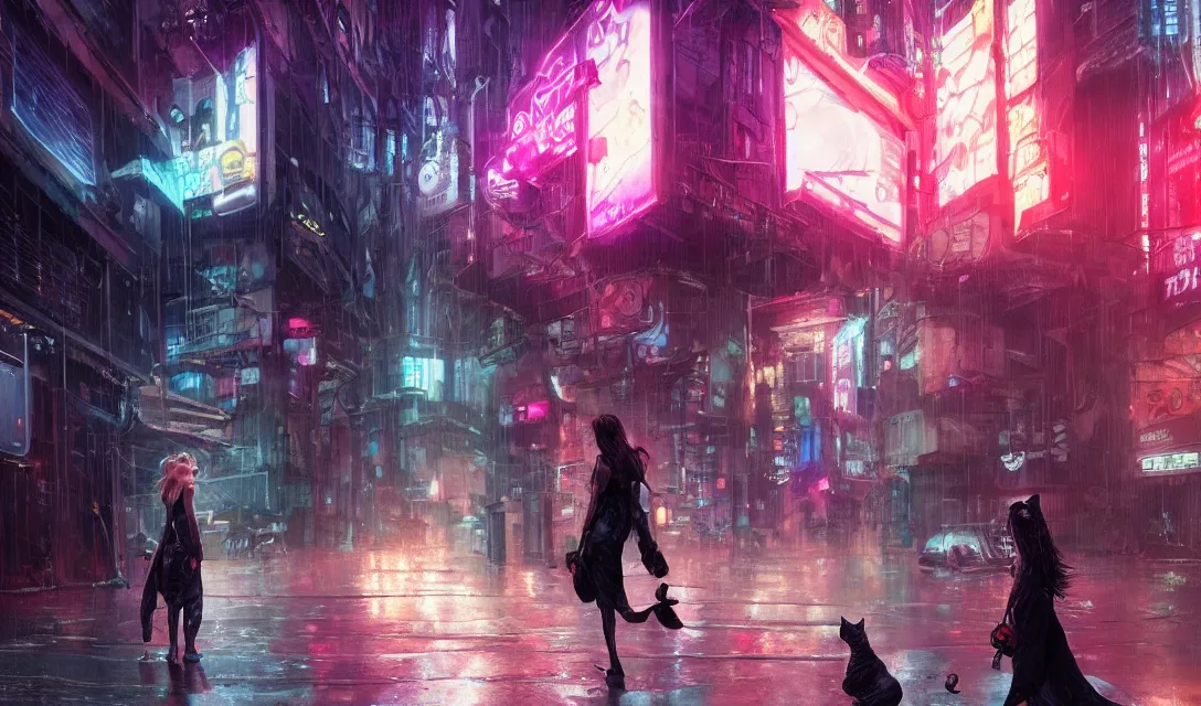 Image similar to a girl and a cat walk near the crowded street of a cyberpunk city, rain, harsh neon lights, highly detailed, digital painting, trending on artstation, concept art, sharp focus, illustration, art by artgerm and greg rutkowski and magali villeneuve