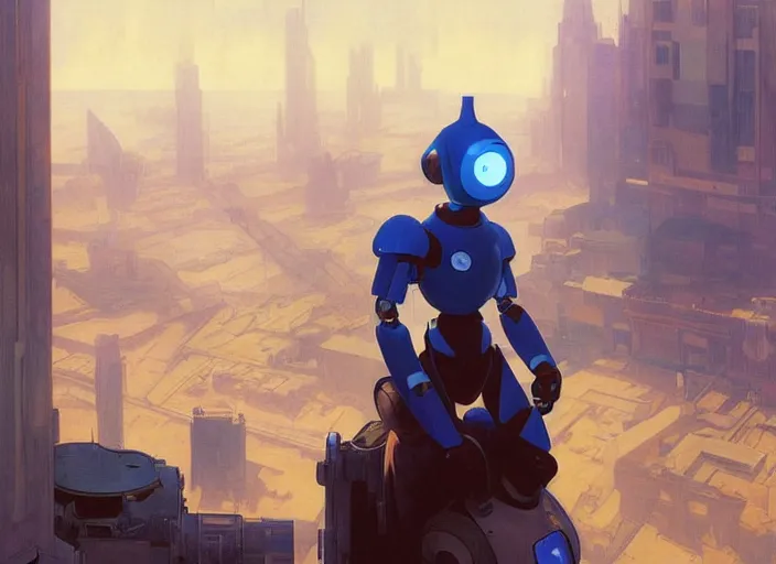 Image similar to megaman x still robotic man look at the cityscape from roof blue futuristic sci - fi elegant by denis villeneuve tom anders zorn hans dragan bibin thoma greg rutkowski ismail inceoglu illustrated sand storm alphonse mucha