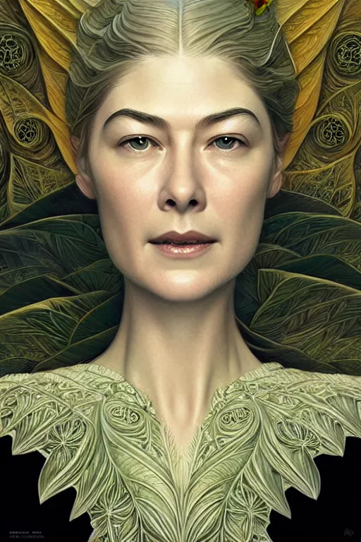 Image similar to young rosamund pike portrait, art deco, fantasy, intricate art deco leaf designs, elegant, highly detailed fractals, sharp focus, art by artgerm and beeple and greg rutkowski and wlop