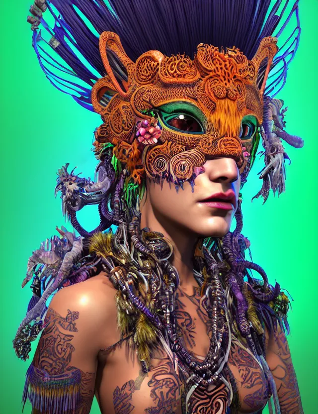 Image similar to 3 d goddess close - up profile portrait amazonian punk with mohawk with ayahuasca skull. beautiful intricately detailed ayahuasca kitsune mask and sacred amazon shaman kimono. bio - luminescent jellyfish phoenix puma, plasma, ice, water, wind, creature, artwork by tooth wu and wlop and beeple and greg rutkowski