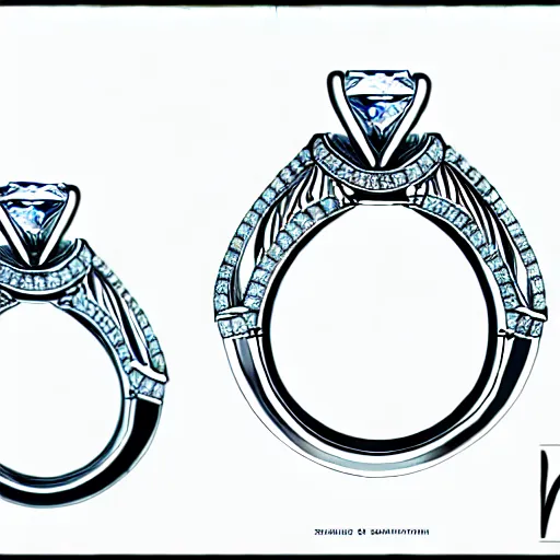 Prompt: sketch of engagement ring with two smaller diamonds outside and one bigger diamond in the middle, detailed, concept art, victorian, schematics, fashion