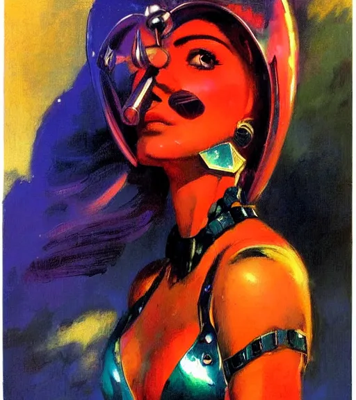 Image similar to portrait of strong iranian female chaos angel, beautiful! coherent! by frank frazetta, by brom, strong line, vivid neon color, shining metal power armor, iron helm, high contrast, maximalist