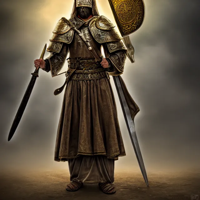 Image similar to full length photo of a holy cleric warrior, highly detailed, 4 k, hdr, smooth, sharp focus, high resolution, award - winning photo