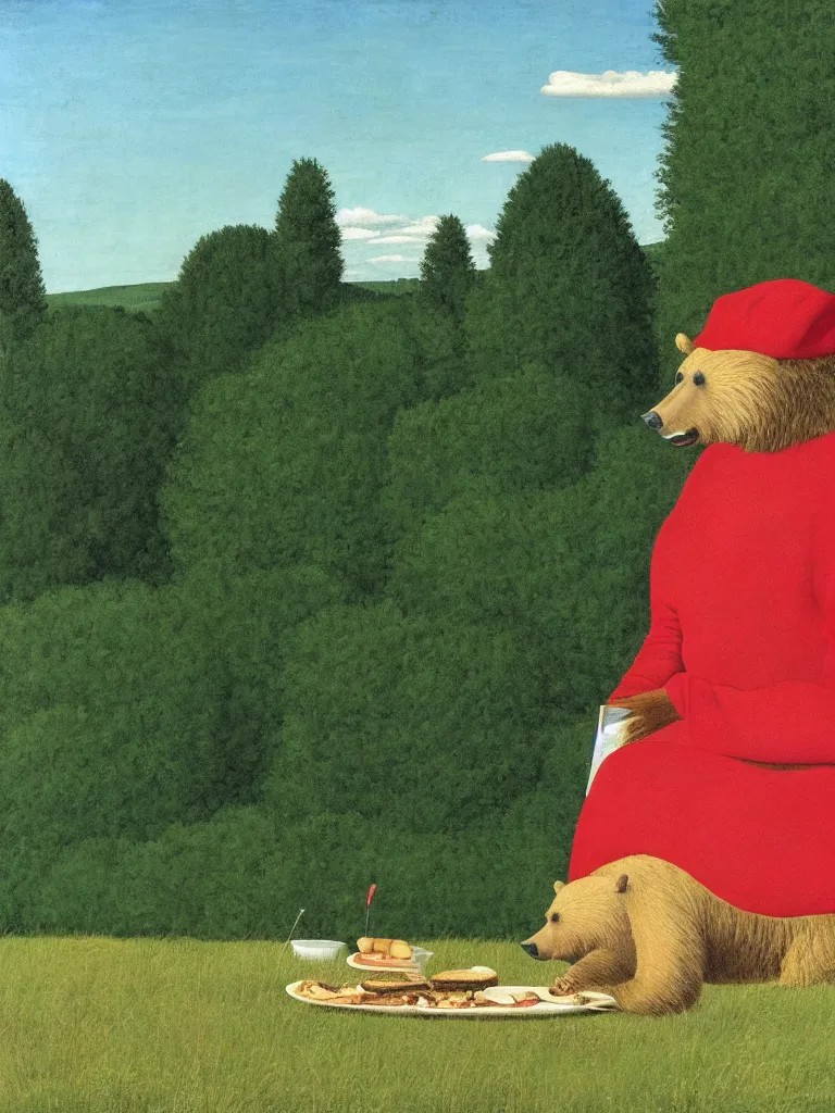 Image similar to A grizzly bear wearing a bright red hat sitting upright while eating a slice of cake outside in a lush green field, pastel colors, long shadows. Painting by Alex Colville, Piero della Francesca