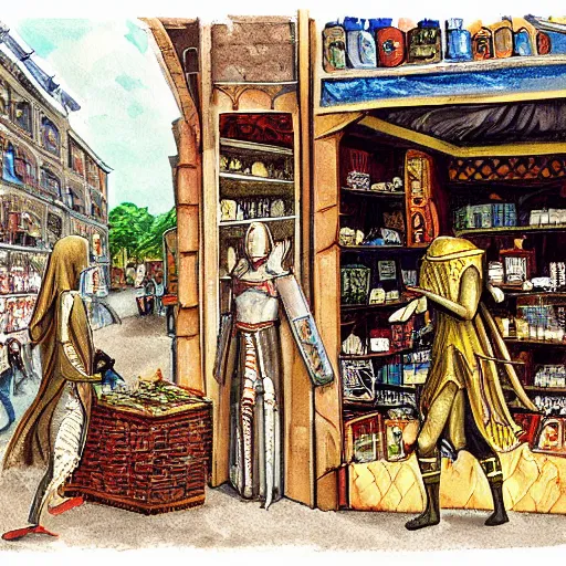 Image similar to Painting of human-sized Mantis religiosa shopping on a medival city market; fantasy; D&D; magic