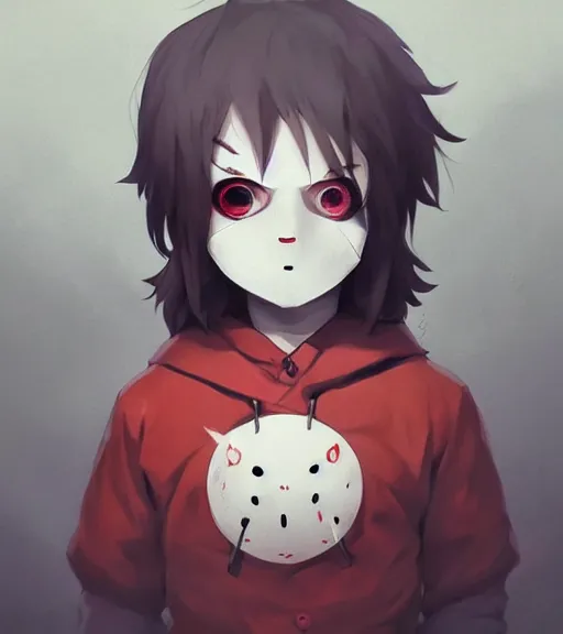 Image similar to beautiful little boy anime character inspired by jason voorhees, art by rossdraws, wlop, ilya kuvshinov, artgem lau, sakimichan and makoto shinkai, concept art, anatomically correct, extremely coherent, realistic, mask, smooth, hd, red eyes