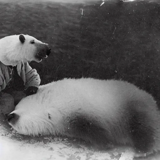 Prompt: portrait of an inuit observing an ice bear in the arctic tundra, 1 9 0 0 s photography