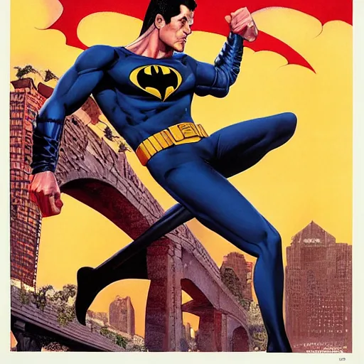 Prompt: young jeff goldblum as bruce wayne, muscular, batman t shirt, movie poster, joe jusko, boris vallejo