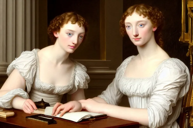 Image similar to 1 8 1 0 s eleanor tomlinson at her desk by vittorio reggianini, bright lighting, perfectly detailed eyes, beautiful hands, pale skin, clear face