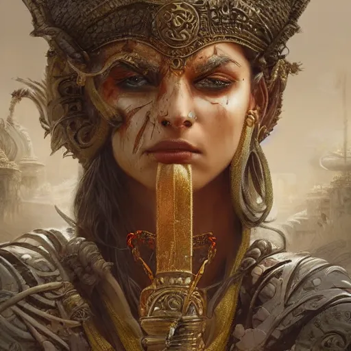 Image similar to wide portrait painting of a bloodied warrior in mahabharata goddess, ultra realistic, concept art, intricate details, eerie, highly detailed, photorealistic, octane render, 8 k, unreal engine. art by artgerm and greg rutkowski and alphonse mucha