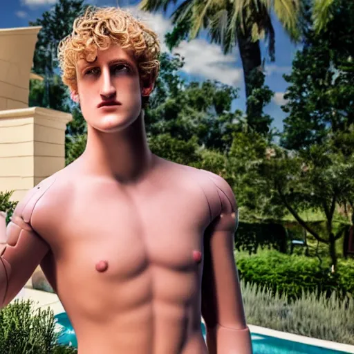 Image similar to a realistic detailed photo of a guy who is an attractive humanoid who is half robot and half humanoid, who is a male android, boxer and youtuber logan paul, shiny skin, posing like a statue, blank stare, by the pool, on display