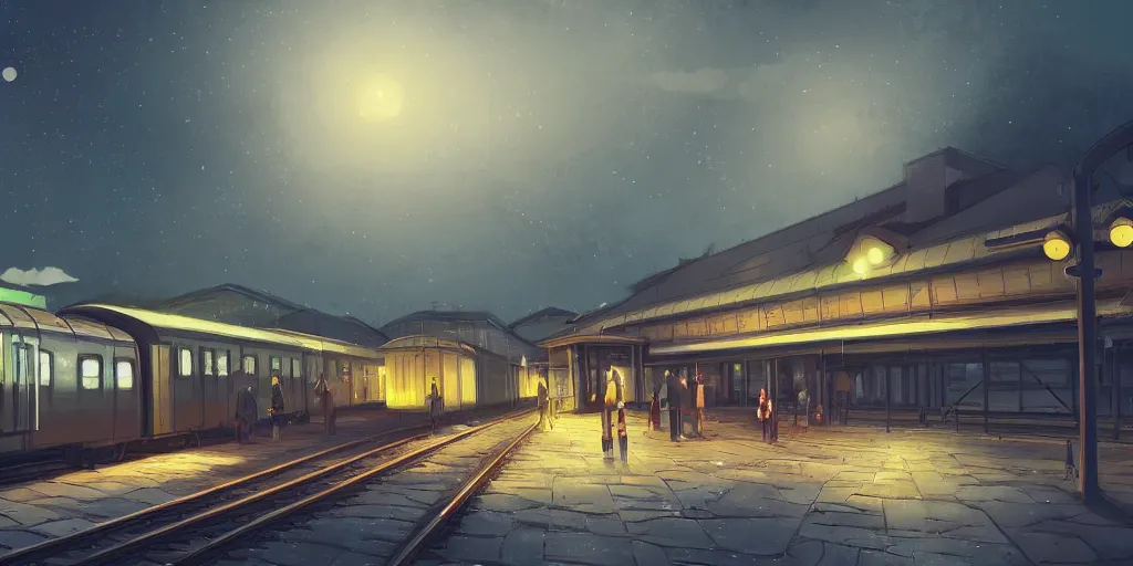 Prompt: at a train station, evening, detailed matte painting, low angle view, telephoto lens, bokeh, studio ghibli, artstation