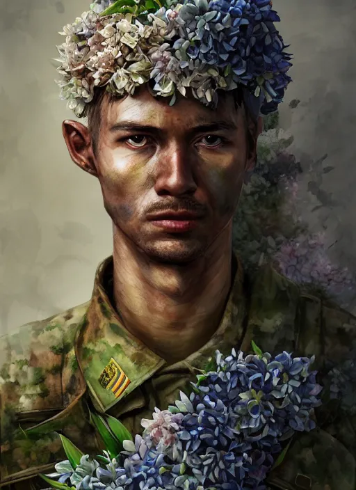 Image similar to handmade character portrait of a vietnam war american soldier covered in amaratyllis, hydrangea, chrysanthemum and hyacinth, in the style of artgerm and enki bilal and bastien lecouffe - deharme, wlop, line art, watercolor, cinematic lighting, hyperdetailed, hyperrealistic