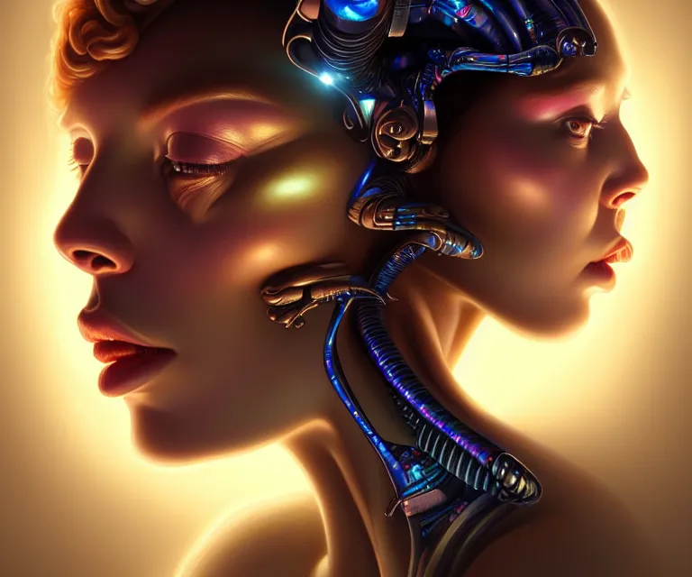Image similar to beauty woman with detailed faces, in holograms of alien artifacts, electrical case display, total recall tech, , ultrarealistic, dramatic lighting, electrical details, high details, 4k, 8k, best, accurate, trending on artstation, artstation, photorealism, ultrarealistic, digital painting, style of Peter Mohrbacher, Caravaggio, Boris Vallejo