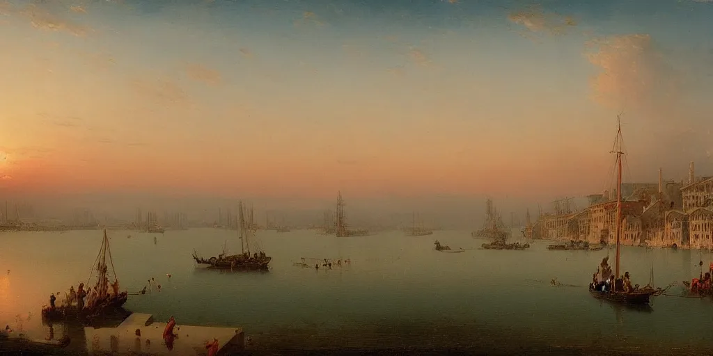 Image similar to A detailed matte painting of of the Ravenna harbor in the 15th century, trending on artstation by Ivan Aivazovsky and Frederic Edwin Church