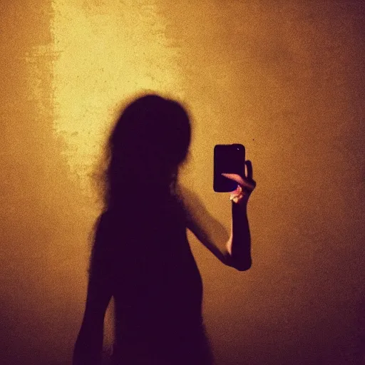 Image similar to cursed selfie of a woman in a dark room!!!!!, photorealistic, grim and gloomy lighting, selfie!!!!!, spooky filter, halloween atmosphere, halloween art style, 4 k, 8 k