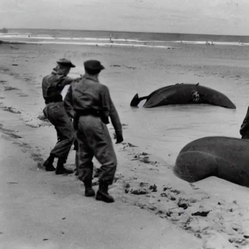 Image similar to 1940s photo, long shot, 5 soldiers looking at a huge creature washed up on a beach