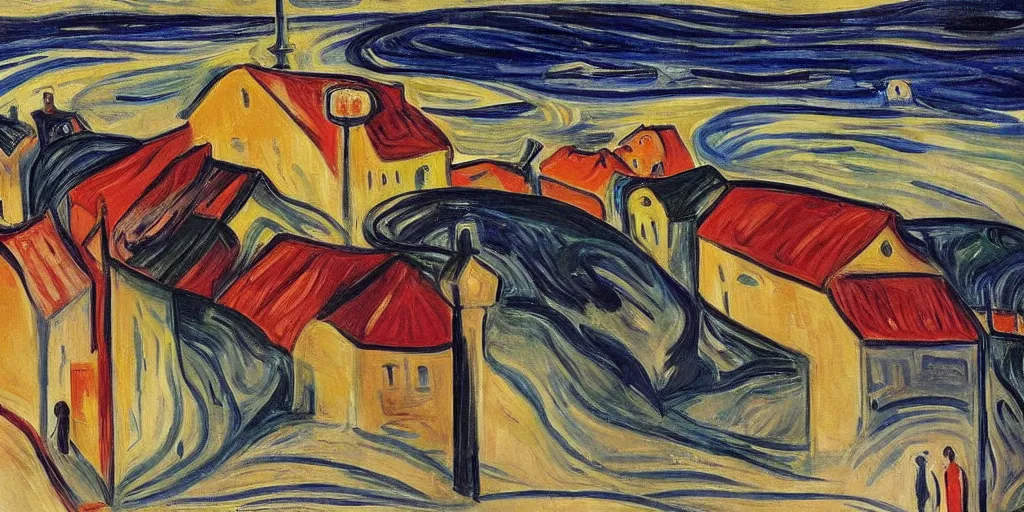 Image similar to ' a painting of a storm with people and houses by edvard munch'
