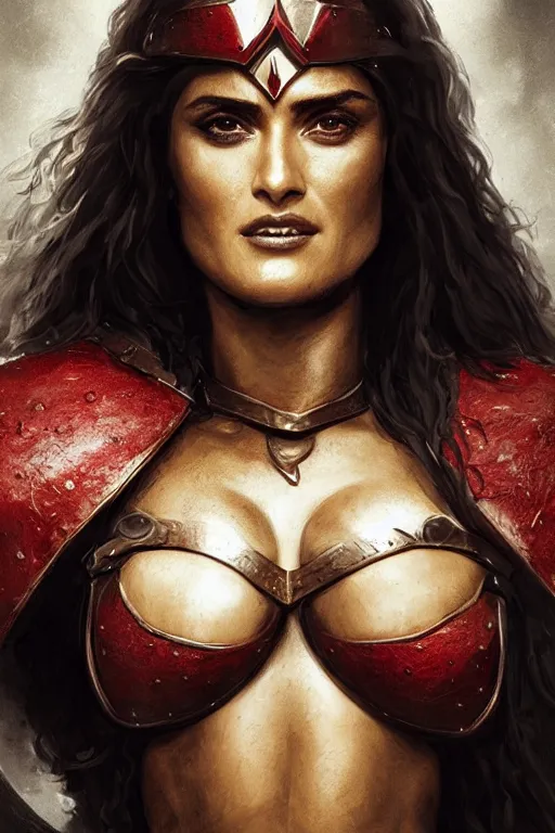 Image similar to portrait, Salma Hayek , barbarian , dressed in red leather armor, face portrait, raphael lacoste, eddie mendoza, alex ross, concept art, matte painting, highly detailed, rule of thirds, dynamic lighting, cinematic, detailed, denoised, centred