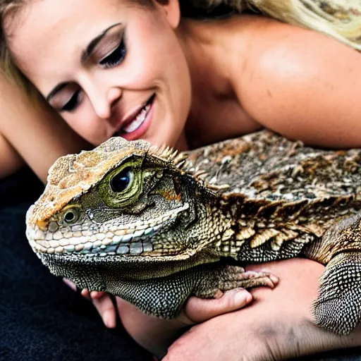 Prompt: a giant bearded dragon hanging out with blonde hair women laying down using the giant bearded dragon as a pillow